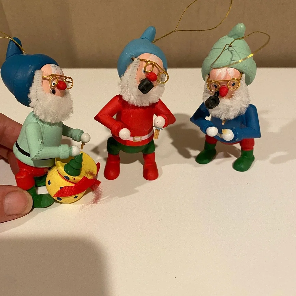 Vintage Wood Gnome‎ Ornament Set 3 Band Musical Instruments Christmas Decor